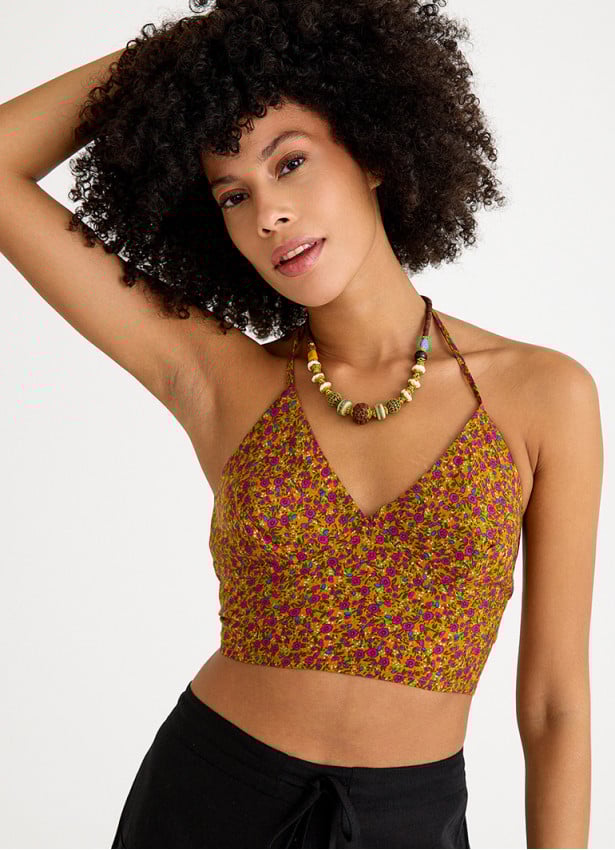 Halter Neck Backless Red Floral Blouse 4683