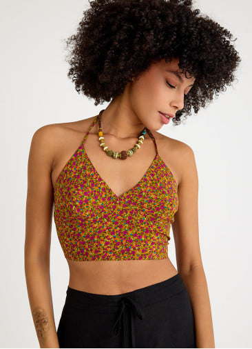 Halter Neck Backless Red Floral Blouse 4683