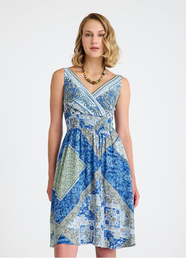 V Necked Blue Patterned Midi Dress 4690