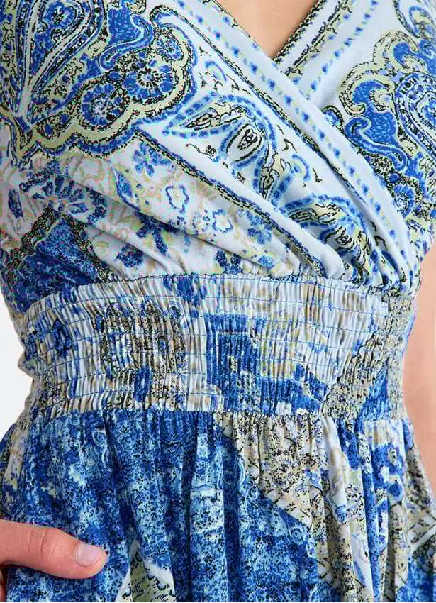 V Necked Blue Patterned Midi Dress 4690