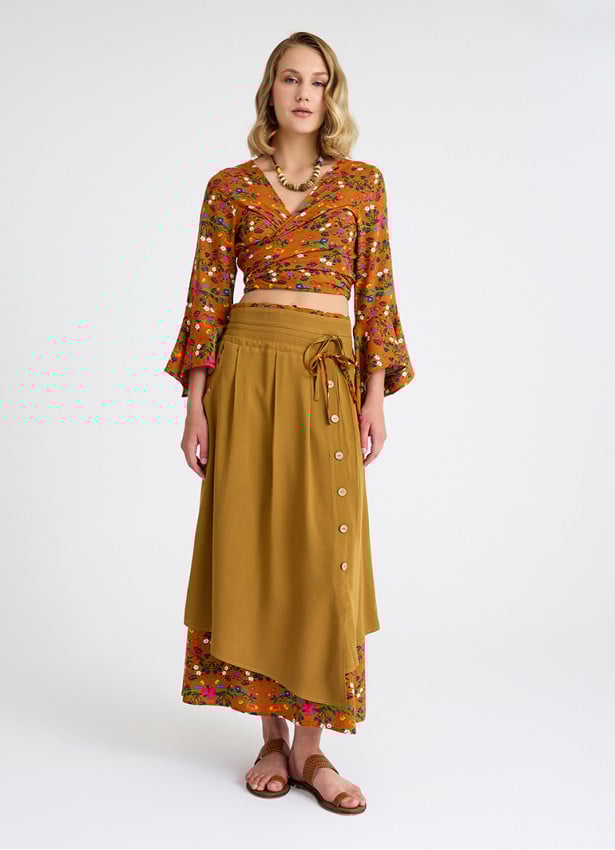 Double Layered Mustard Long Skirt with Pocket and Button Detail 4691