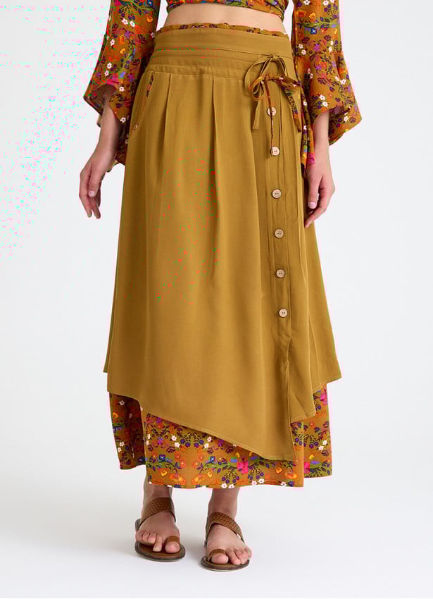 Double Layered Mustard Long Skirt with Pocket and Button Detail 4691