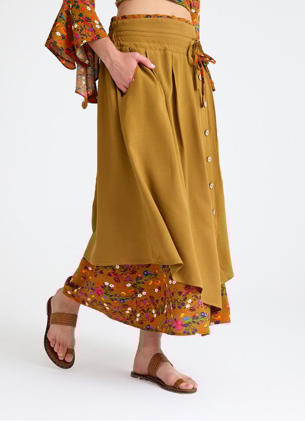 Double Layered Mustard Long Skirt with Pocket and Button Detail 4691