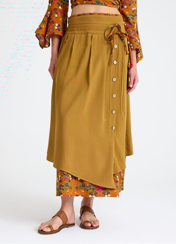 Double Layered Mustard Long Skirt with Pocket and Button Detail 4691