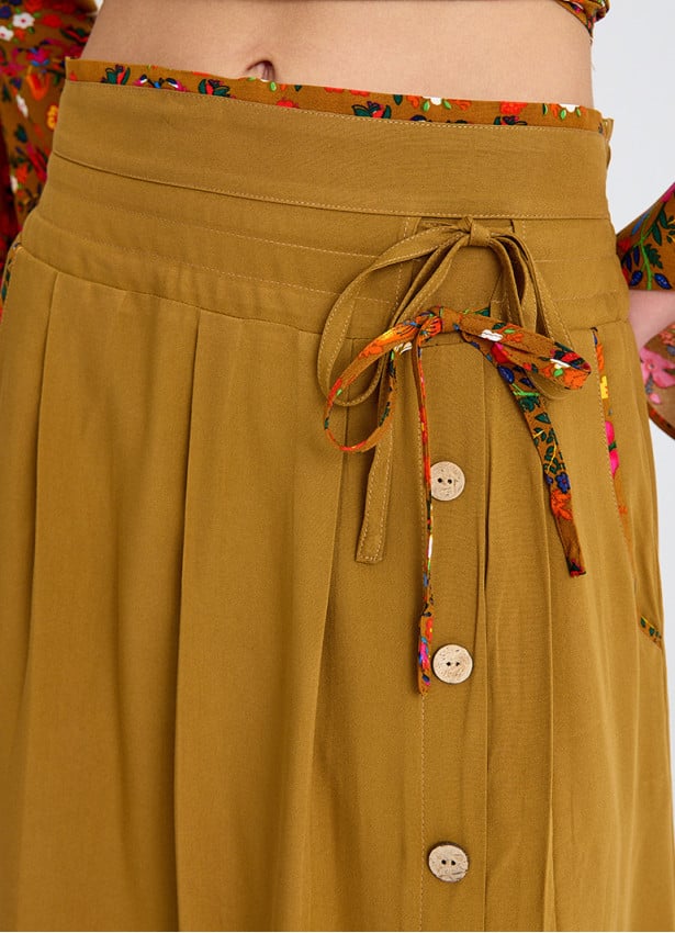 Double Layered Mustard Long Skirt with Pocket and Button Detail 4691
