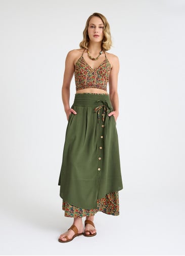 Double Layered Green Floral Skirt with Pocket and Button Detail 4692