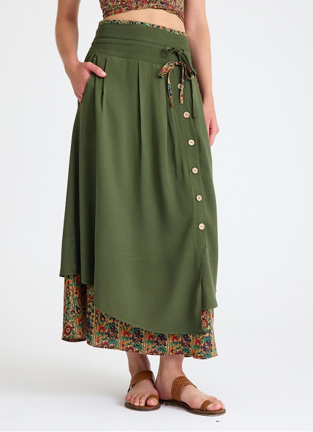 Double Layered Green Floral Skirt with Pocket and Button Detail 4692