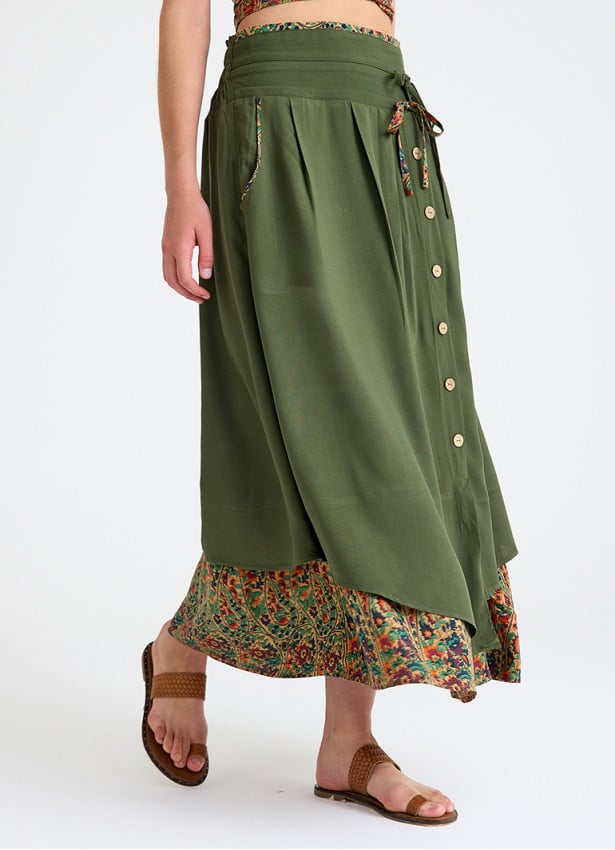 Double Layered Green Floral Skirt with Pocket and Button Detail 4692