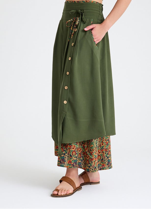 Double Layered Green Floral Skirt with Pocket and Button Detail 4692