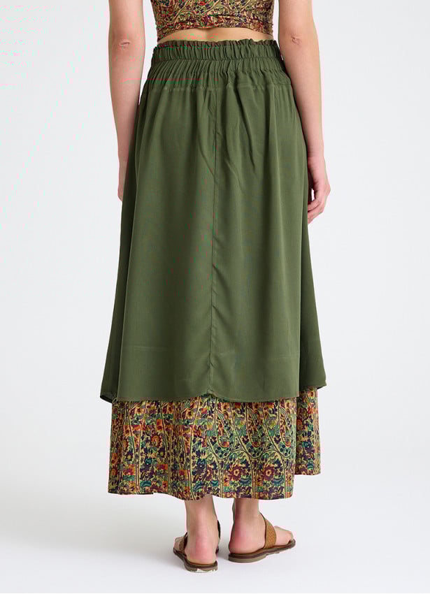 Double Layered Green Floral Skirt with Pocket and Button Detail 4692