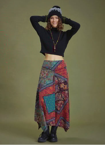 Black Printed Asymmetrical Hem Flared Midi Skirt