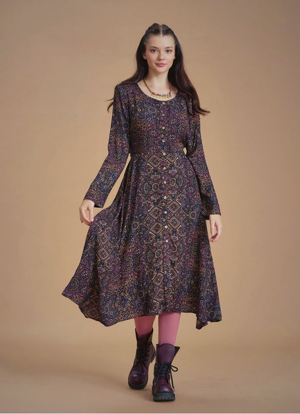 Patterned Asymmetrical Hem Button Down Long Sleeve Dress