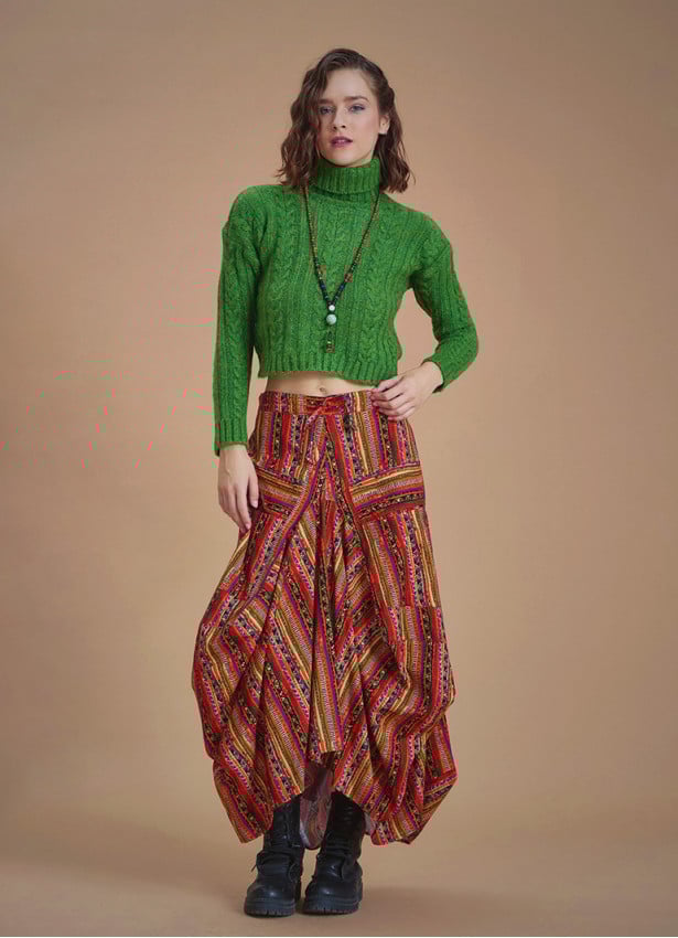 Gypsy Style Orange Print Cotton Long Skirt