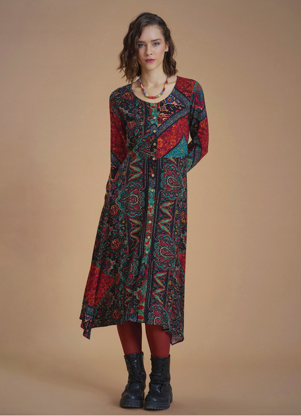 Black Ethnic Print Asymmetrical Hem Detail Bohemian Chic Long Sleeve Dress