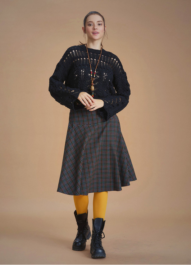 Flared Brown Patterned Houndstooth Skirt