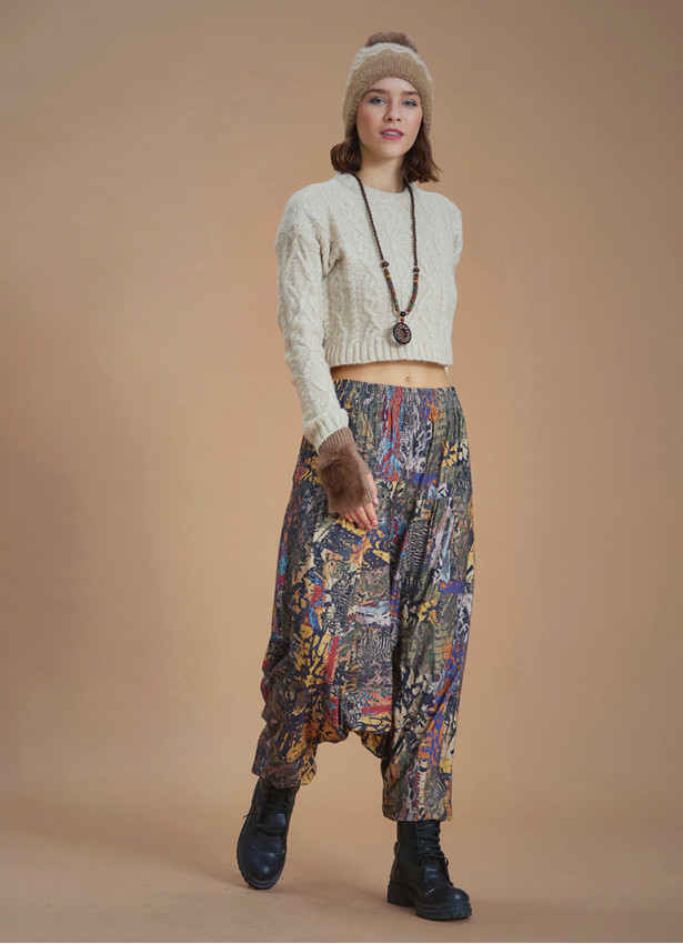 Elastic Waist Brown Patterned Winter Harem Pants