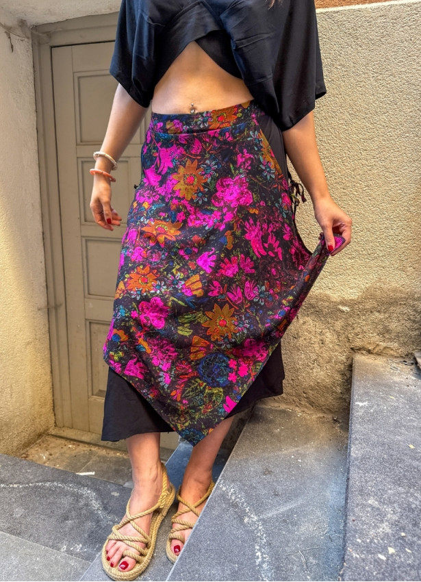Elasticated Waist Double Layered Black Floral Skirt 4911