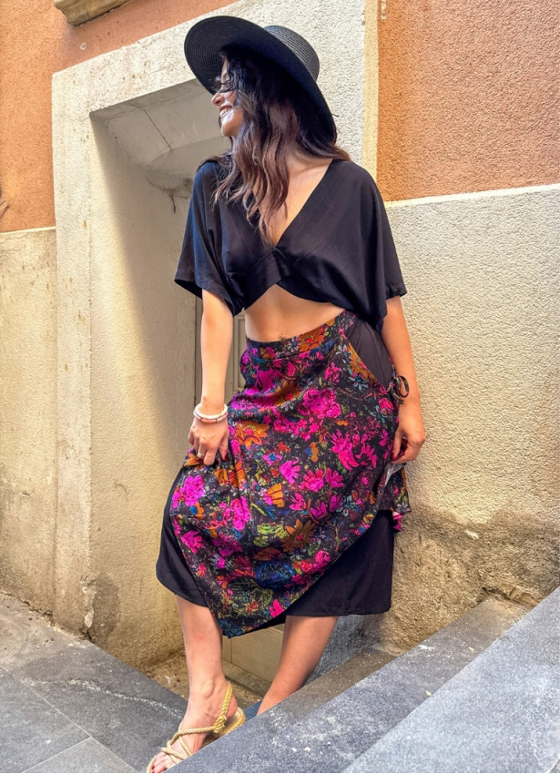 Elasticated Waist Double Layered Black Floral Skirt 4911
