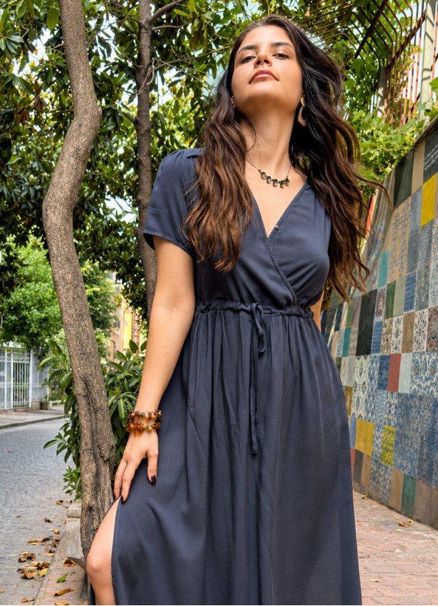 V Neck Anthracite Bohemian Dress with Slit and Tie Closure 5025