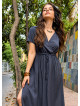 V Neck Anthracite Bohemian Dress with Slit and Tie Closure 5025