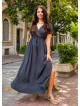 V Neck Anthracite Bohemian Dress with Slit and Tie Closure 5025