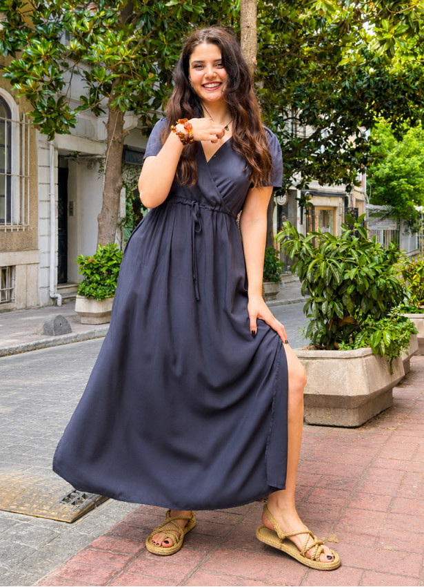 V Neck Anthracite Bohemian Dress with Slit and Tie Closure 5025