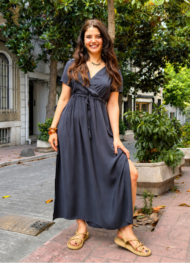 V Neck Anthracite Bohemian Dress with Slit and Tie Closure 5025
