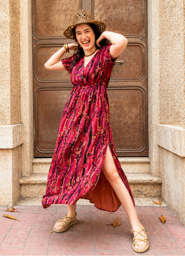 V Neck Slit Strappy Coral Flower Dress 5026