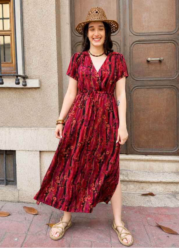 V Neck Slit Strappy Coral Flower Dress 5026