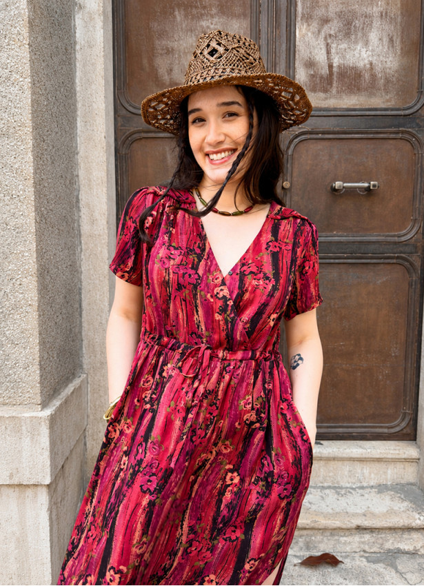 V Neck Slit Strappy Coral Flower Dress 5026