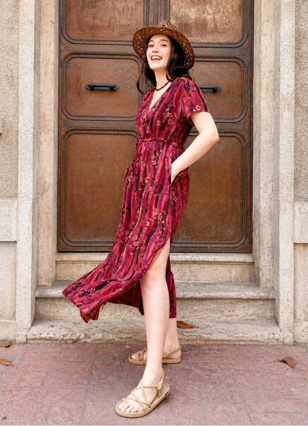 V Neck Slit Strappy Coral Flower Dress 5026