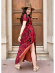 V Neck Slit Strappy Coral Flower Dress 5026
