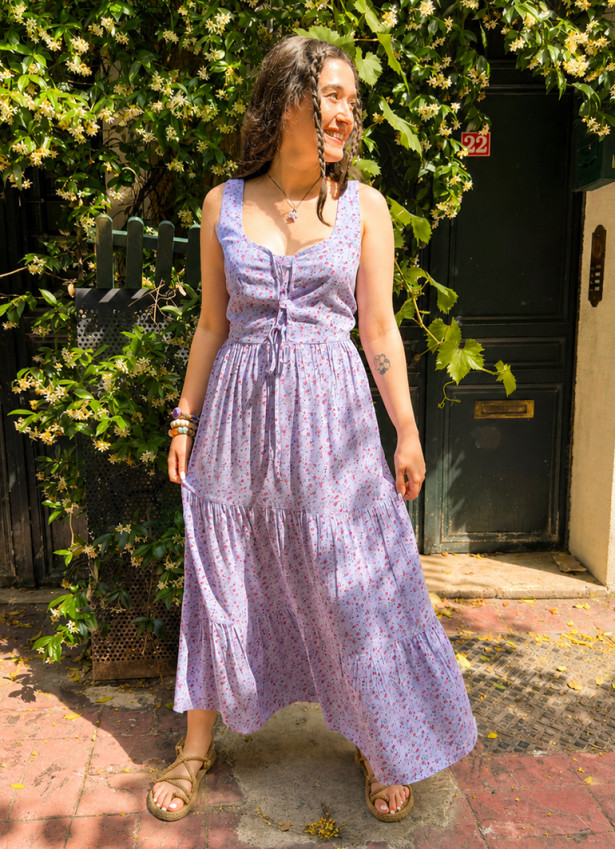 Wide Neckline Front Lace Up Lilac Floral Dress 5023