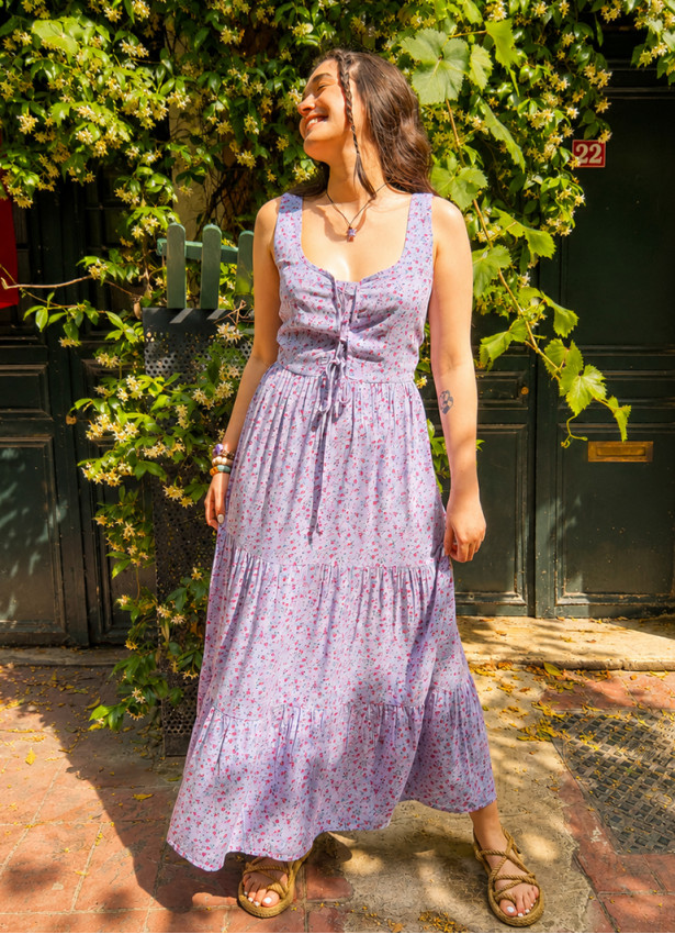 Wide Neckline Front Lace Up Lilac Floral Dress 5023
