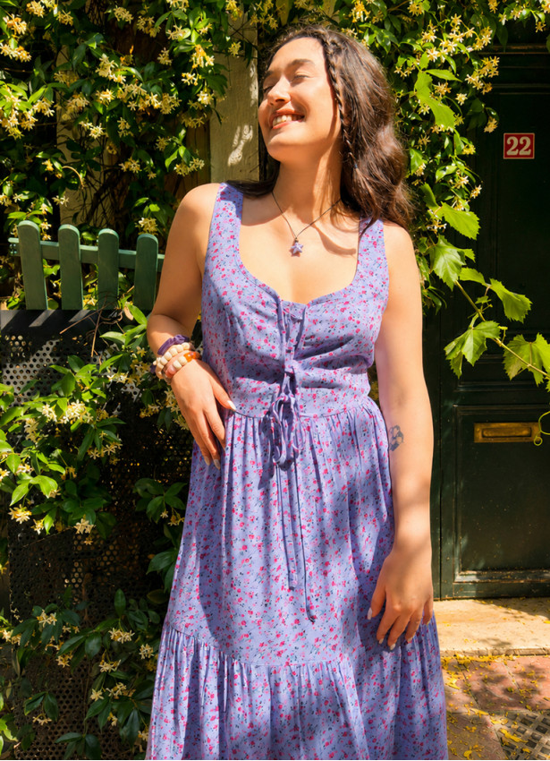 Wide Neckline Front Lace Up Lilac Floral Dress 5023