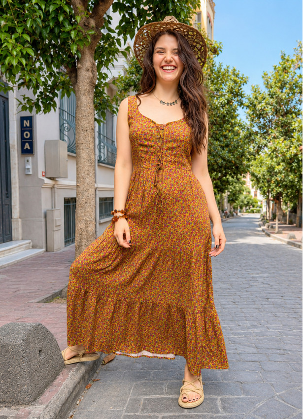 Wide Neckline Front Lace Up Green Floral Dress 5024