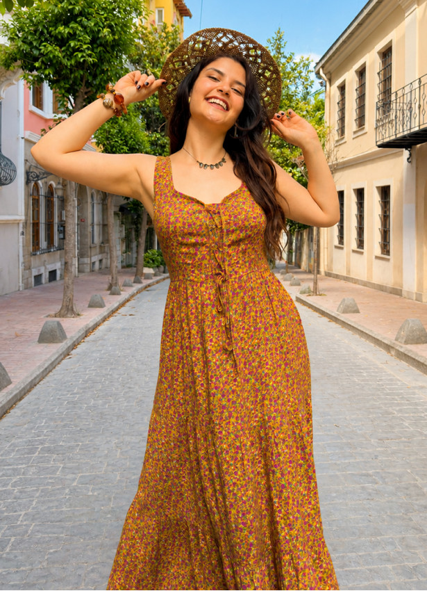Wide Neckline Front Lace Up Green Floral Dress 5024