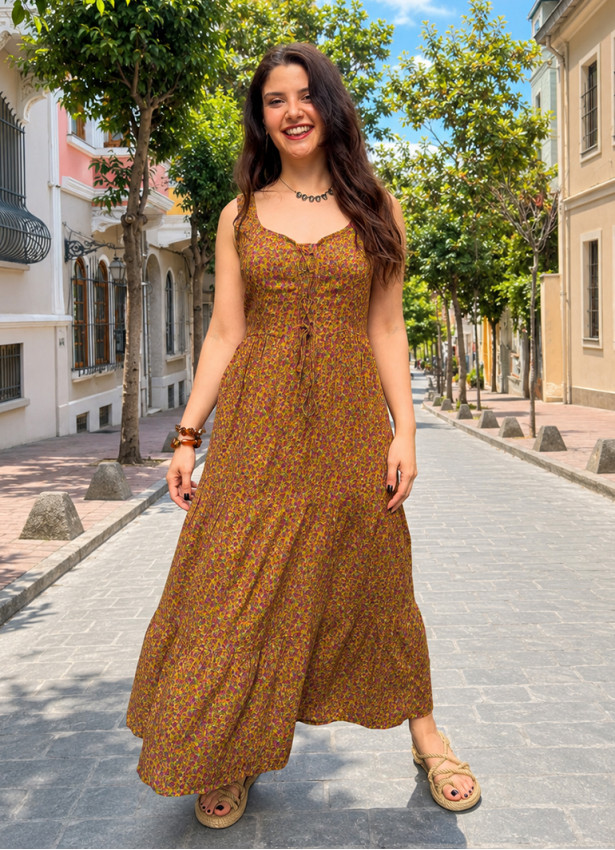 Wide Neckline Front Lace Up Green Floral Dress 5024