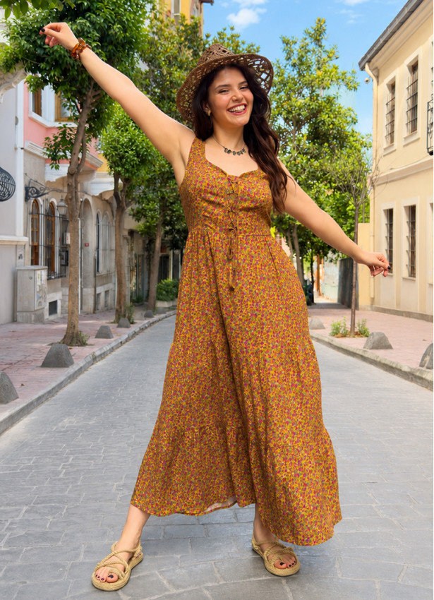 Wide Neckline Front Lace Up Green Floral Dress 5024