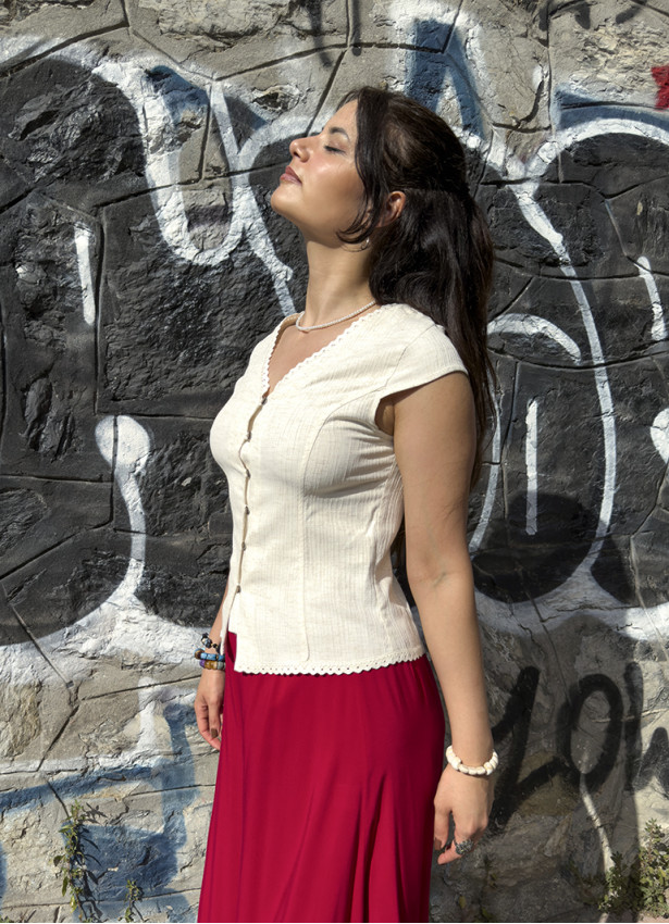 V Neck Buttoned Short-Sleeved Cream Summer Blouse