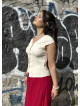 V Neck Buttoned Short-Sleeved Cream Summer Blouse