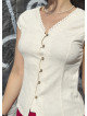 V Neck Buttoned Short-Sleeved Cream Summer Blouse