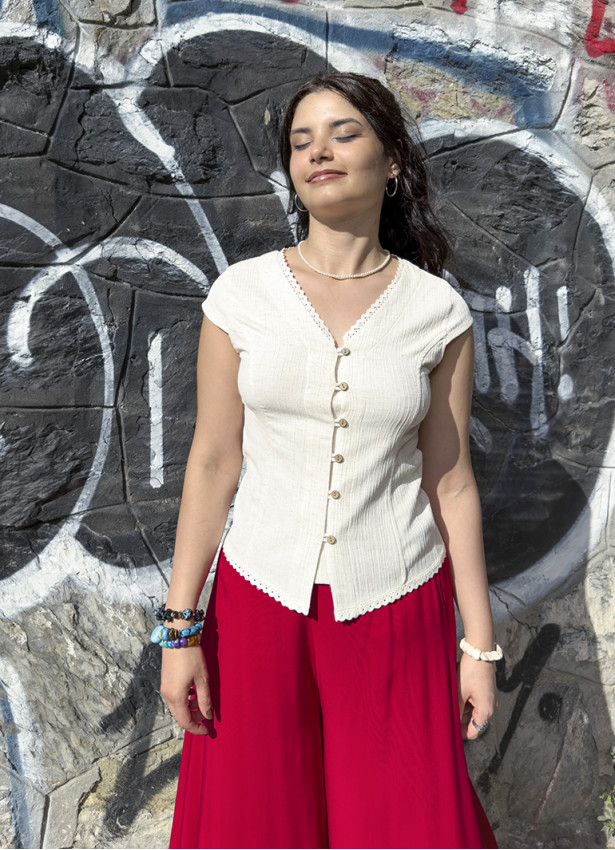V Neck Buttoned Short-Sleeved Cream Summer Blouse
