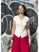 V Neck Buttoned Short-Sleeved Cream Summer Blouse