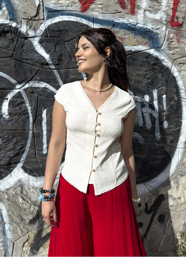 V Neck Buttoned Short-Sleeved Cream Summer Blouse