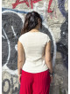 V Neck Buttoned Short-Sleeved Cream Summer Blouse