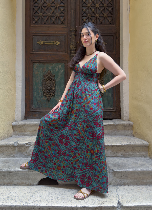 V Neck Backless Green Patterned Dress 5019