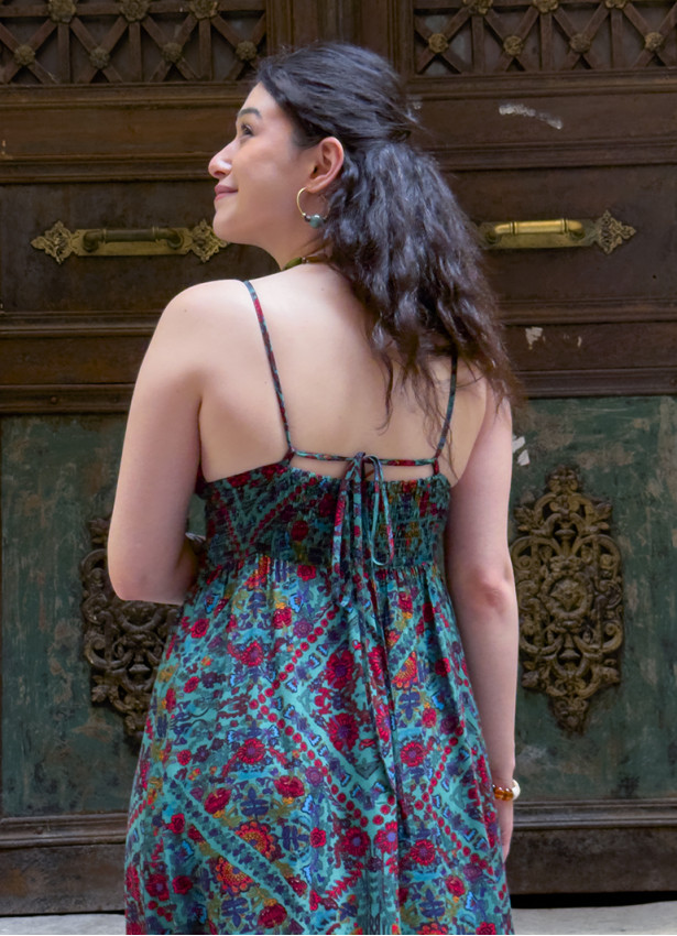 V Neck Backless Green Patterned Dress 5019
