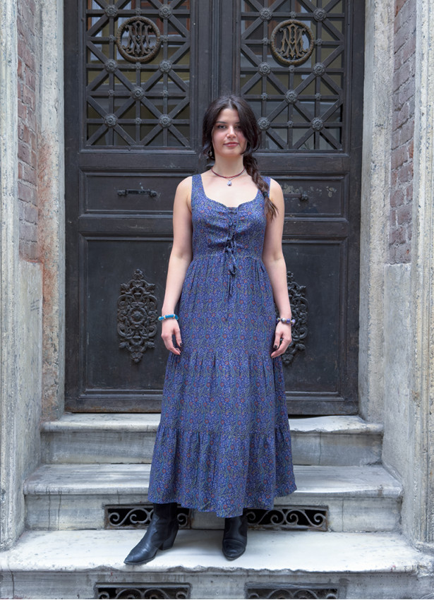 Wide Neckline Front Lace Up Navy Floral Dress 5018