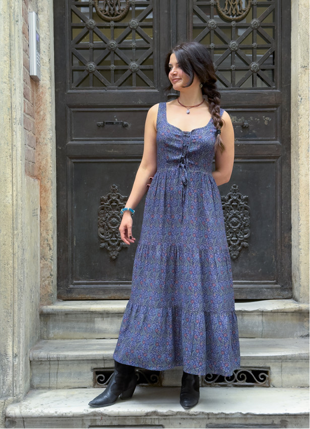 Wide Neckline Front Lace Up Navy Floral Dress 5018